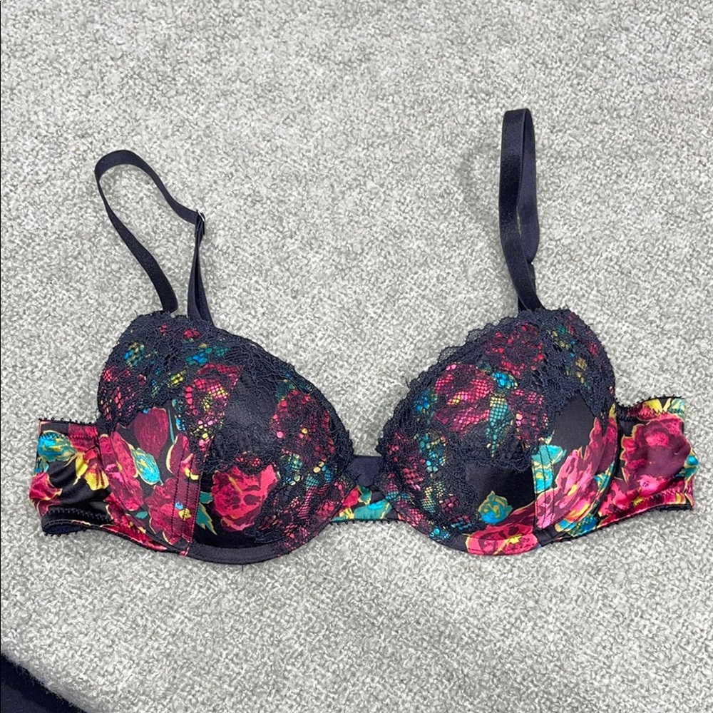 Aerie Black and Red Floral Underwire Push Up Bra